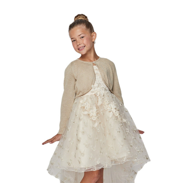 Little Girls Beige Metallic Shiny Rhinestone Flower Button Sweater Bolero 2T-6 - SophiasStyle.com